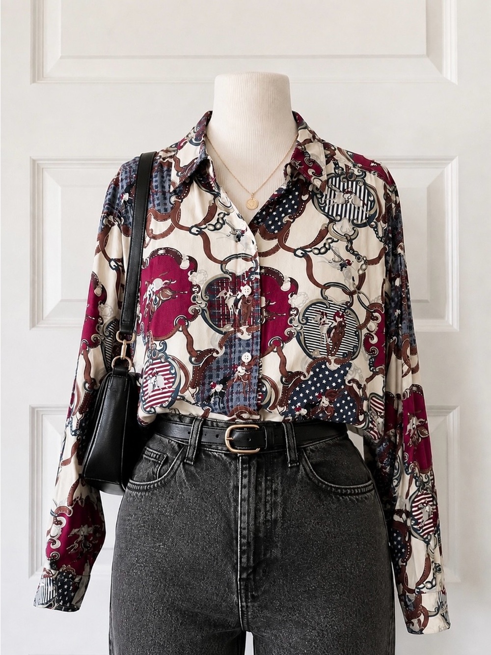Vintage Bill Blass Equestrian Carousel Horse Circus Print Button Down Shirt